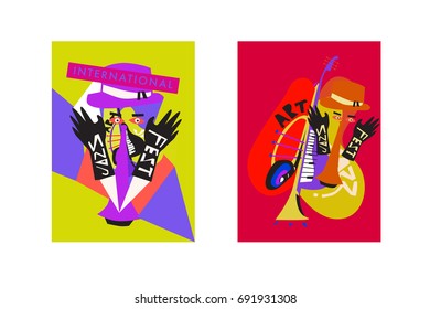 Colorful international jazz festival. Musicians, singers and musical instruments poster set flat vector illustration. Poster template for jazz and music events.