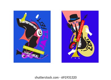 Colorful international jazz festival. Musicians, singers and musical instruments poster set flat vector illustration. Poster template for jazz and music events.