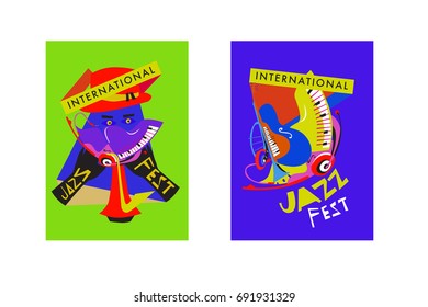 Colorful international jazz festival. Musicians, singers and musical instruments poster set flat vector illustration. Poster template for jazz and music events.