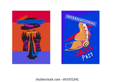 Colorful international jazz festival. Musicians, singers and musical instruments poster set flat vector illustration. Poster template for jazz and music events.