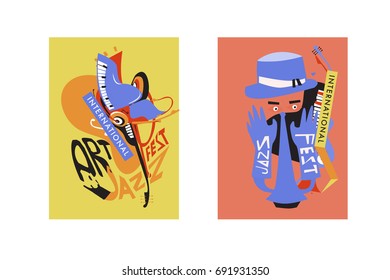 Colorful international jazz festival. Musicians, singers and musical instruments poster set flat vector illustration. Poster template for jazz and music events.