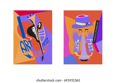 Colorful international jazz festival. Musicians, singers and musical instruments poster set flat vector illustration. Poster template for jazz and music events.