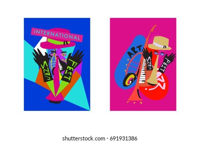 Colorful international jazz festival. Musicians, singers and musical instruments poster set flat vector illustration. Poster template for jazz and music events.
