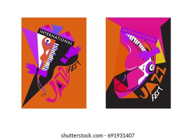 Colorful international jazz festival. Musicians, singers and musical instruments poster set flat vector illustration. Poster template for jazz and music events.
