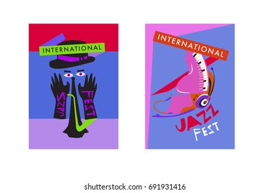 Colorful international jazz festival. Musicians, singers and musical instruments poster set flat vector illustration. Poster template for jazz and music events.