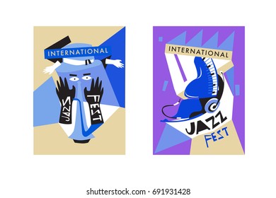 Colorful international jazz festival. Musicians, singers and musical instruments poster set flat vector illustration. Poster template for jazz and music events.
