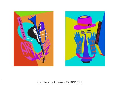 Colorful international jazz festival. Musicians, singers and musical instruments poster set flat vector illustration. Poster template for jazz and music events.