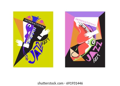Colorful international jazz festival. Musicians, singers and musical instruments poster set flat vector illustration. Poster template for jazz and music events.