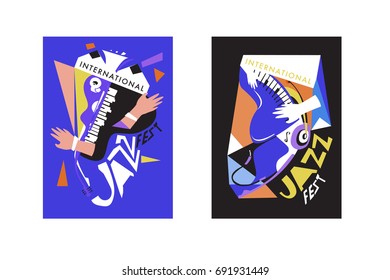 Colorful international jazz festival. Musicians, singers and musical instruments poster set flat vector illustration. Poster template for jazz and music events.