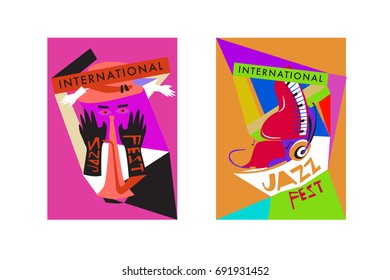Colorful international jazz festival. Musicians, singers and musical instruments poster set flat vector illustration. Poster template for jazz and music events.