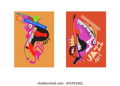 Colorful international jazz festival. Musicians, singers and musical instruments poster set flat vector illustration. Poster template for jazz and music events.