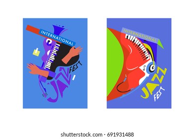 Colorful international jazz festival. Musicians, singers and musical instruments poster set flat vector illustration. Poster template for jazz and music events.