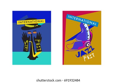 Colorful international jazz festival. Musicians, singers and musical instruments poster set flat vector illustration. Poster template for jazz and music events.