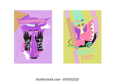 Colorful international jazz festival. Musicians, singers and musical instruments poster set flat vector illustration. Poster template for jazz and music events.