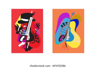 Colorful international jazz festival. Musicians, singers and musical instruments poster set flat vector illustration. Poster template for jazz and music events.