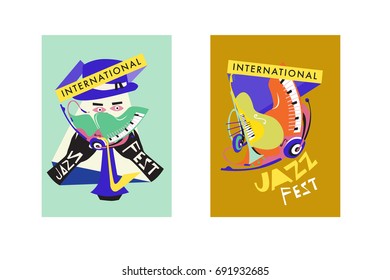 Colorful international jazz festival. Musicians, singers and musical instruments poster set flat vector illustration. Poster template for jazz and music events.