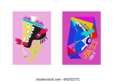 Colorful international jazz festival. Musicians, singers and musical instruments poster set flat vector illustration. Poster template for jazz and music events.