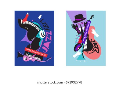Colorful international jazz festival. Musicians, singers and musical instruments poster set flat vector illustration. Poster template for jazz and music events.