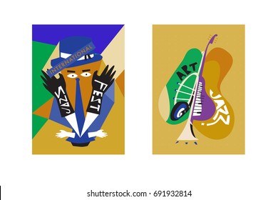 Colorful international jazz festival. Musicians, singers and musical instruments poster set flat vector illustration. Poster template for jazz and music events.