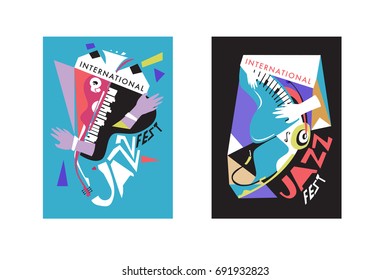 Colorful international jazz festival. Musicians, singers and musical instruments poster set flat vector illustration. Poster template for jazz and music events.