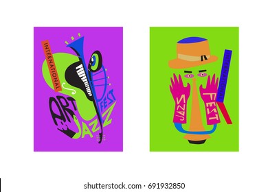 Colorful international jazz festival. Musicians, singers and musical instruments poster set flat vector illustration. Poster template for jazz and music events.