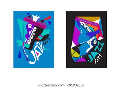 Colorful international jazz festival. Musicians, singers and musical instruments poster set flat vector illustration. Poster template for jazz and music events.
