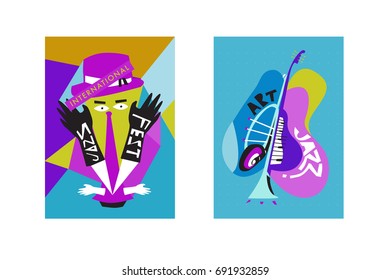 Colorful international jazz festival. Musicians, singers and musical instruments poster set flat vector illustration. Poster template for jazz and music events.