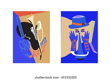 Colorful international jazz festival. Musicians, singers and musical instruments poster set flat vector illustration. Poster template for jazz and music events.
