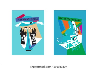 Colorful international jazz festival. Musicians, singers and musical instruments poster set flat vector illustration. Poster template for jazz and music events.