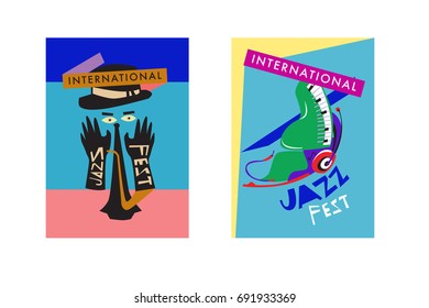 Colorful international jazz festival. Musicians, singers and musical instruments poster set flat vector illustration. Poster template for jazz and music events.