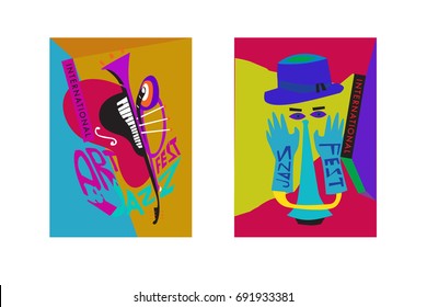 Colorful international jazz festival. Musicians, singers and musical instruments poster set flat vector illustration. Poster template for jazz and music events.