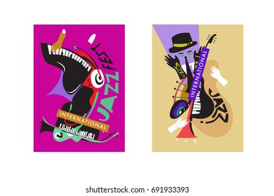 Colorful international jazz festival. Musicians, singers and musical instruments poster set flat vector illustration. Poster template for jazz and music events.