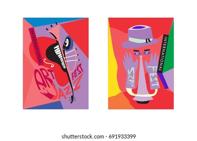 Colorful international jazz festival. Musicians, singers and musical instruments poster set flat vector illustration. Poster template for jazz and music events.