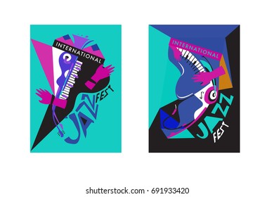 Colorful international jazz festival. Musicians, singers and musical instruments poster set flat vector illustration. Poster template for jazz and music events.