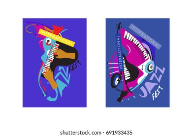 Colorful international jazz festival. Musicians, singers and musical instruments poster set flat vector illustration. Poster template for jazz and music events.