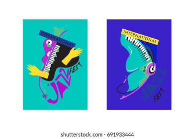 Colorful international jazz festival. Musicians, singers and musical instruments poster set flat vector illustration. Poster template for jazz and music events.