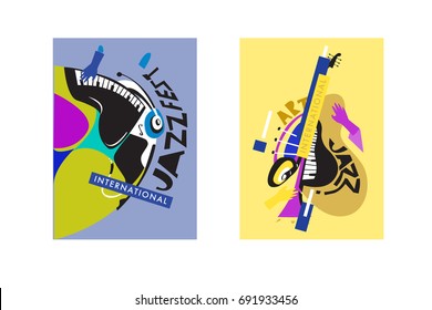 Colorful international jazz festival. Musicians, singers and musical instruments poster set flat vector illustration. Poster template for jazz and music events.