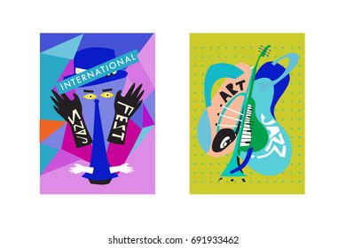 Colorful international jazz festival. Musicians, singers and musical instruments poster set flat vector illustration. Poster template for jazz and music events.