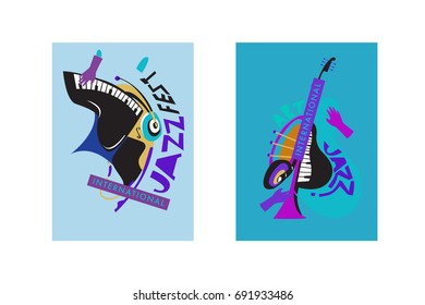 Colorful international jazz festival. Musicians, singers and musical instruments poster set flat vector illustration. Poster template for jazz and music events.