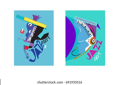 Colorful international jazz festival. Musicians, singers and musical instruments poster set flat vector illustration. Poster template for jazz and music events.