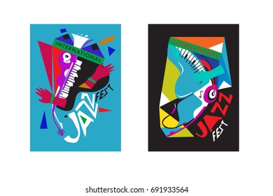 Colorful international jazz festival. Musicians, singers and musical instruments poster set flat vector illustration. Poster template for jazz and music events.