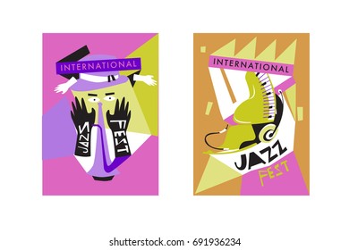 Colorful international jazz festival. Musicians, singers and musical instruments poster set flat vector illustration. Poster template for jazz and music events.