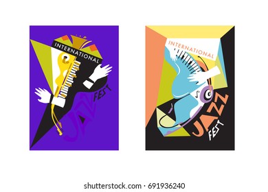 Colorful international jazz festival. Musicians, singers and musical instruments poster set flat vector illustration. Poster template for jazz and music events.