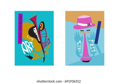 Colorful international jazz festival. Musicians, singers and musical instruments poster set flat vector illustration. Poster template for jazz and music events.