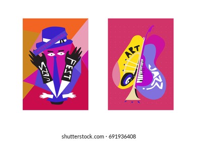 Colorful international jazz festival. Musicians, singers and musical instruments poster set flat vector illustration. Poster template for jazz and music events.