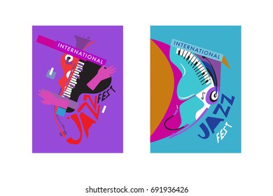 Colorful international jazz festival. Musicians, singers and musical instruments poster set flat vector illustration. Poster template for jazz and music events.