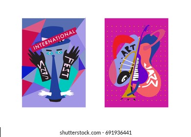 Colorful international jazz festival. Musicians, singers and musical instruments poster set flat vector illustration. Poster template for jazz and music events.