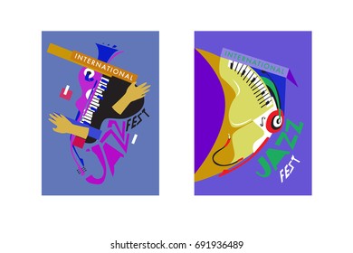 Colorful international jazz festival. Musicians, singers and musical instruments poster set flat vector illustration. Poster template for jazz and music events.