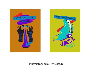 Colorful international jazz festival. Musicians, singers and musical instruments poster set flat vector illustration. Poster template for jazz and music events.