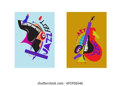 Colorful international jazz festival. Musicians, singers and musical instruments poster set flat vector illustration. Poster template for jazz and music events.